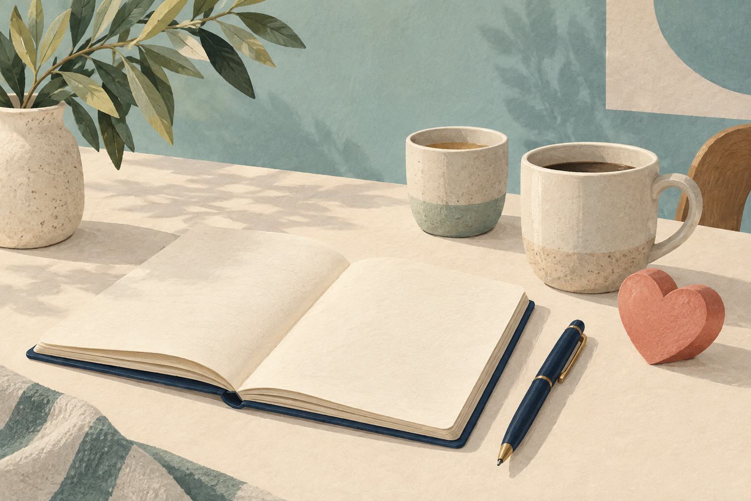 Illustration of an open notebook, two cups, and a heart-shaped paperweight.